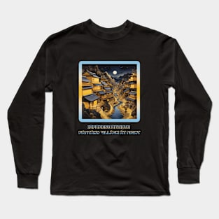 Japanese Fantasy Village Blue and Yellow Tones Long Sleeve T-Shirt